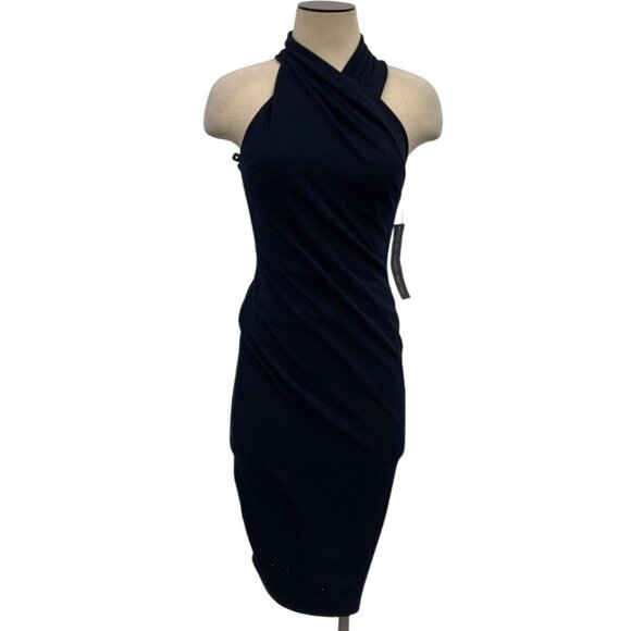 NWT Rachel Roy Navy XS Halter Dress Pleat High Neck Rear Slit Fully Lined 10015 - Picture 2 of 12